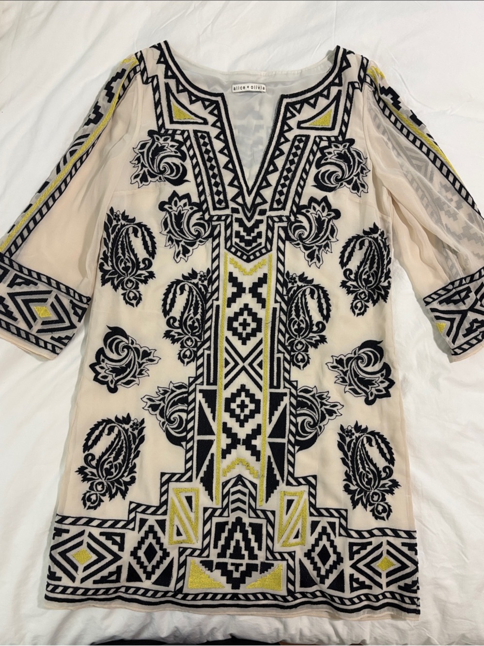 Alice + Olivia Cream Dress with Black Embroidered Accents